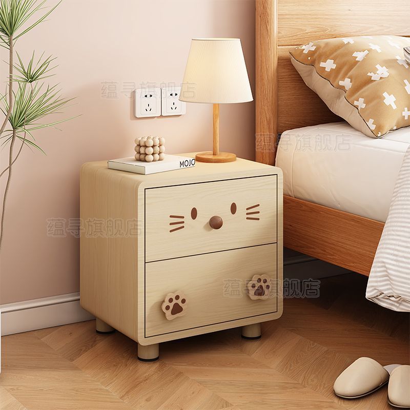 兒童牀頭櫃奶油風實木邊櫃卡通可愛收納櫃臥室邊幾創意儲物櫃小型