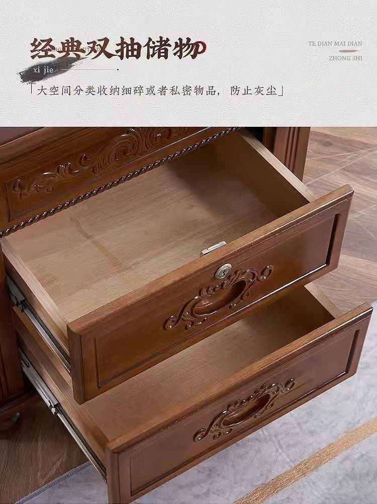 中式復古整裝帶鎖雕花實木新款牀頭櫃簡約臥室牀邊儲物櫃家用收納