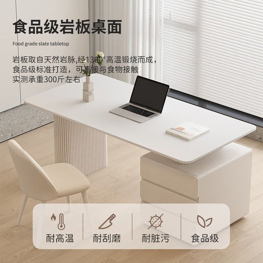 奶油風巖板書桌輕奢現代小戶型書房學習桌家用帶櫃一體臺式電腦桌