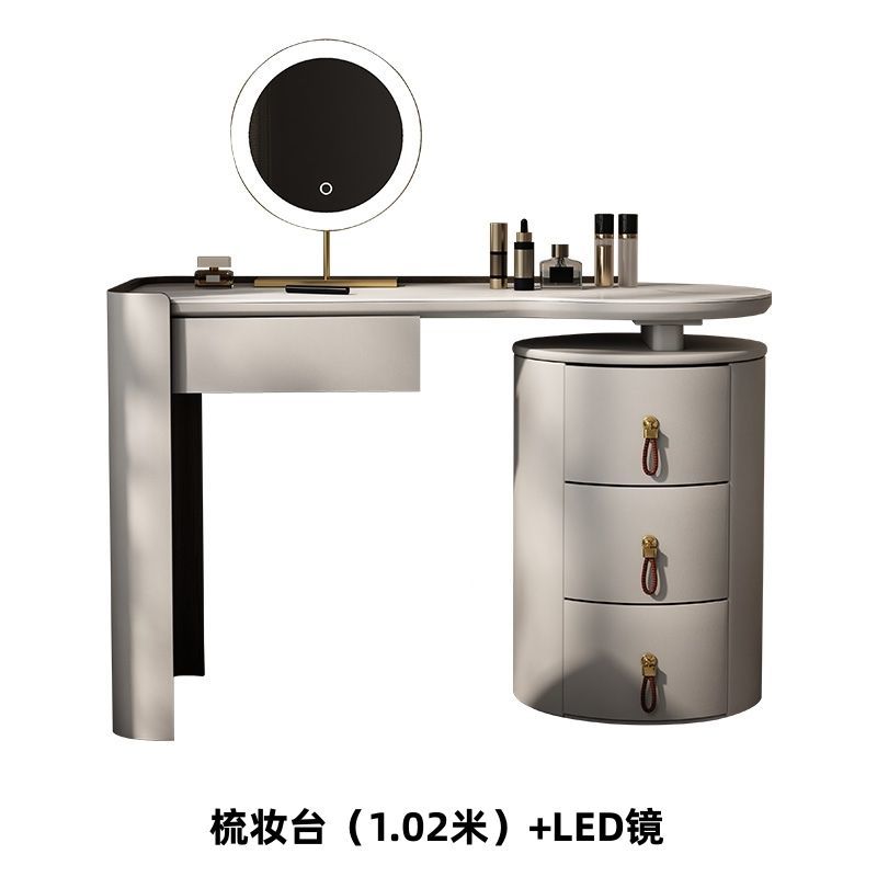 漫江韻輕奢現代馬鞍皮梳妝檯現代簡約臥室巖板奶油風實木化妝桌子