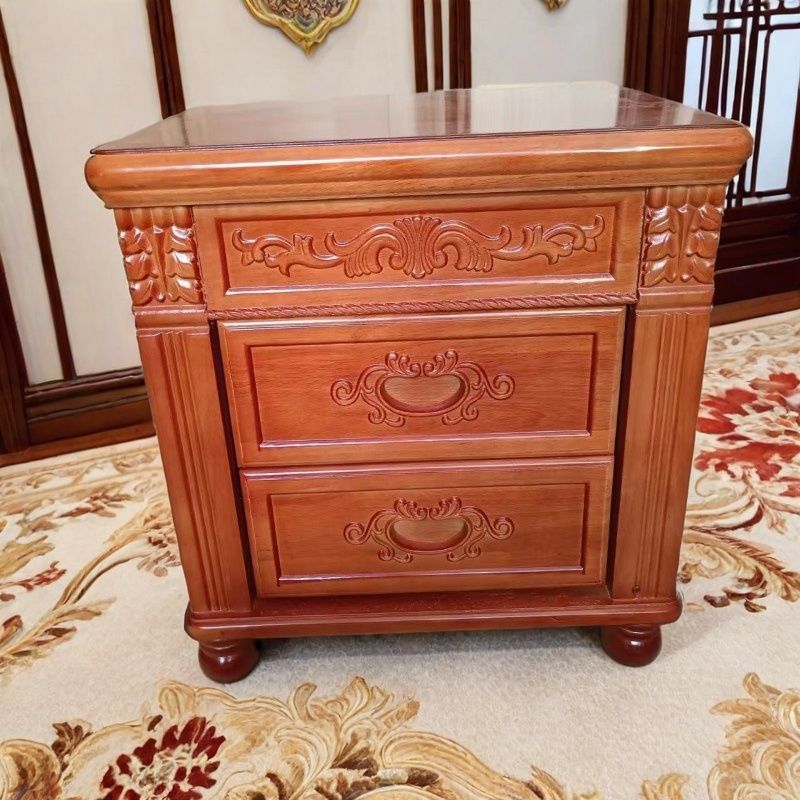 中式復古整裝帶鎖雕花實木新款牀頭櫃簡約臥室牀邊儲物櫃家用收納
