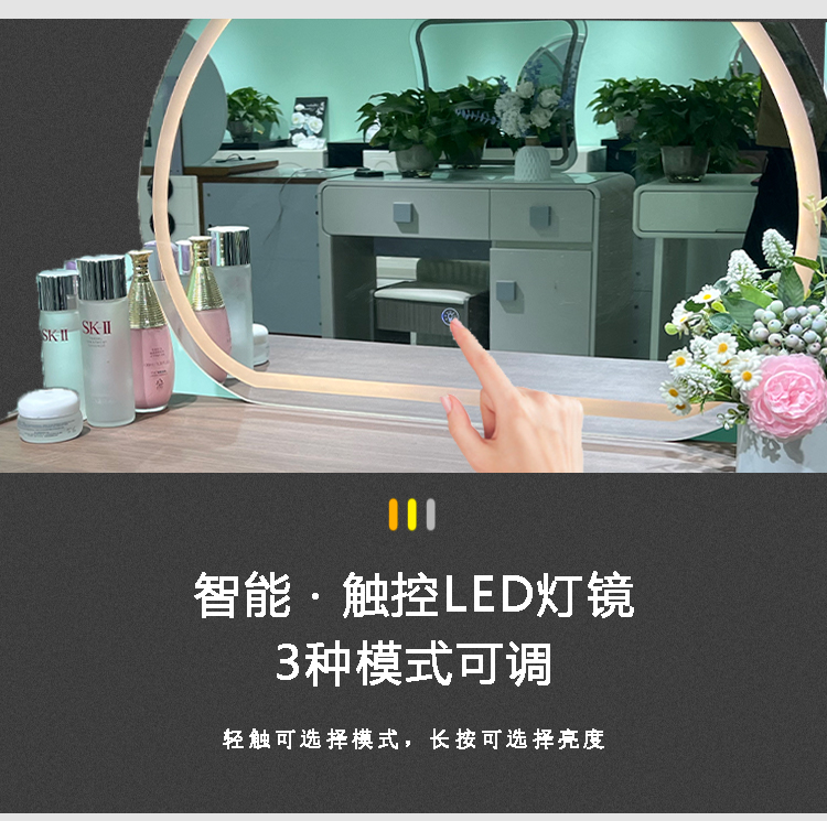 覆膜梳妝檯臥室鬥櫃一體中古風化妝桌橢圓鏡帶燈小戶型歐式收納櫃