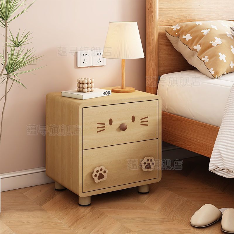 兒童牀頭櫃奶油風實木邊櫃卡通可愛收納櫃臥室邊幾創意儲物櫃小型