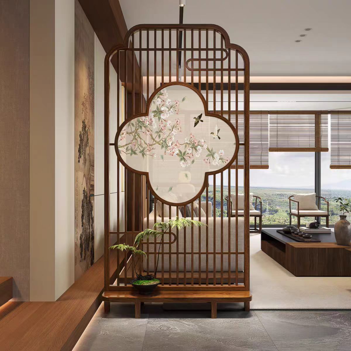 新款新中式可移動落地客廳屏風隔斷入戶門玄關實木格柵遮擋穿堂風