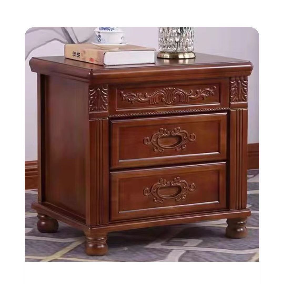 中式復古整裝帶鎖雕花實木新款牀頭櫃簡約臥室牀邊儲物櫃家用收納