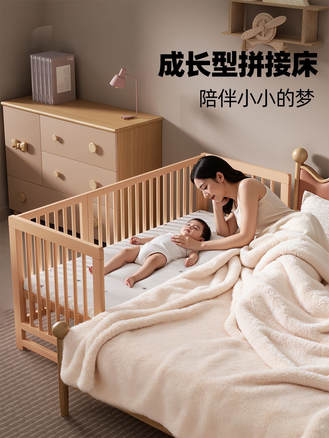 睿寶嬰兒牀兒童拼接牀實木可移動新生兒牀邊牀多功能拼接大牀