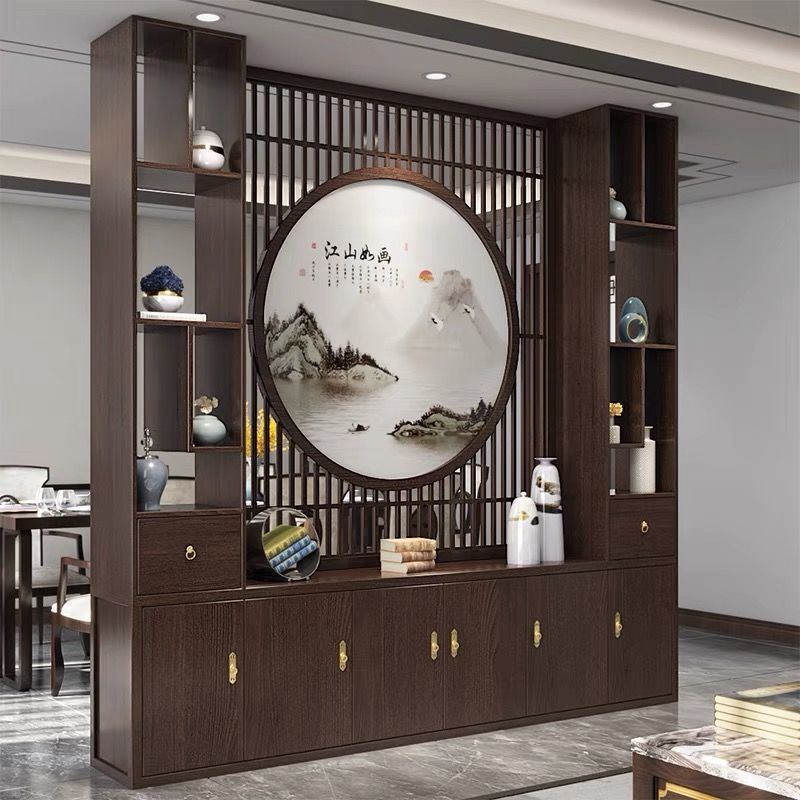 新中式客廳實木屏風隔斷辦公一體酒店大堂進門酒櫃玄關入戶隔斷櫃