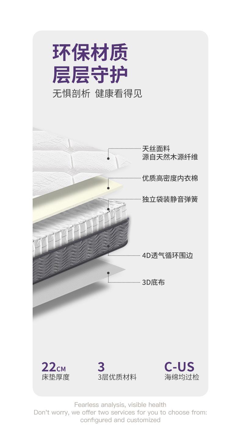 夢中馨軟硬適中牀墊獨袋彈簧酒店牀墊內衣棉天絲面料壓縮捲包牀墊