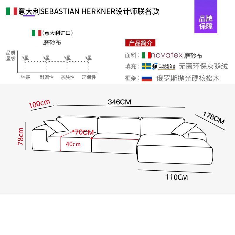 奶油风磨砂绒布转角户型沙发茶几大黑牛直排贵妃组合客厅成套家具
