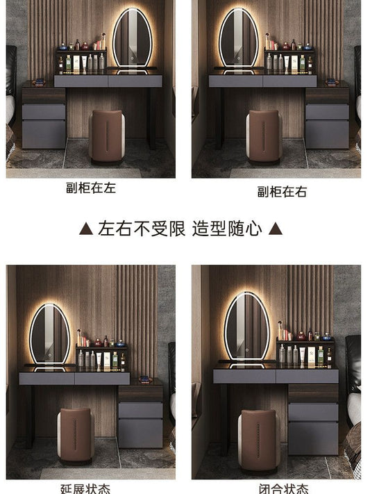 意式極簡可伸縮梳妝檯收納一體臥室輕奢高級感簡約帶牀頭櫃化妝臺
