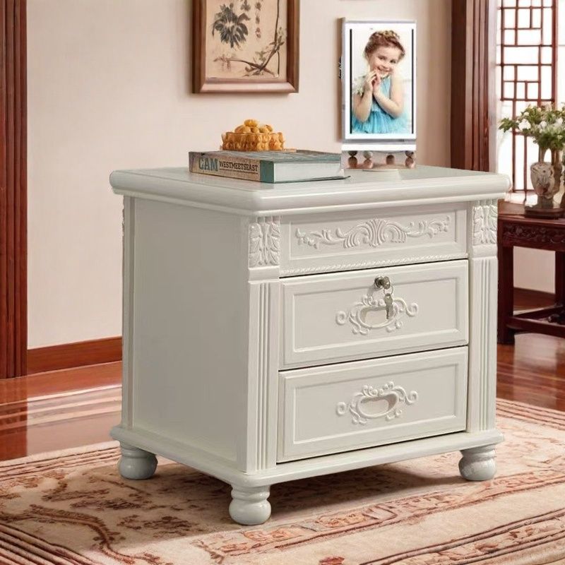 中式復古整裝帶鎖雕花實木新款牀頭櫃簡約臥室牀邊儲物櫃家用收納