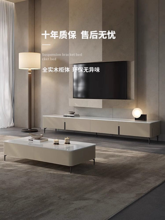 現代簡約馬鞍皮大小戶型高級輕奢客廳巖板茶几電視櫃組合儲物地櫃