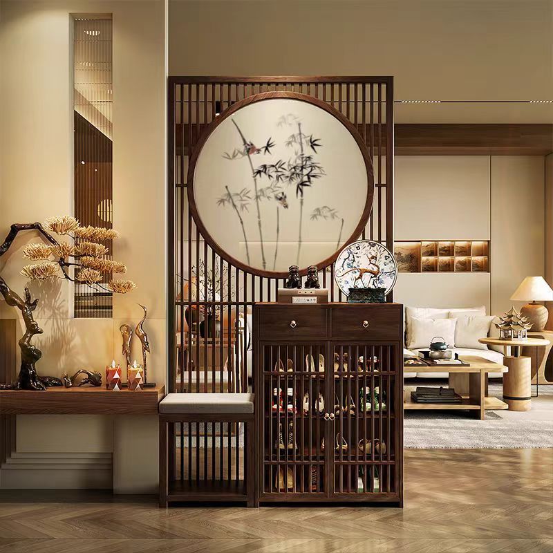 新中式刺繡圖案屏風隔斷客廳簡約現代禪意進門玄關換鞋櫃鏤空遮擋