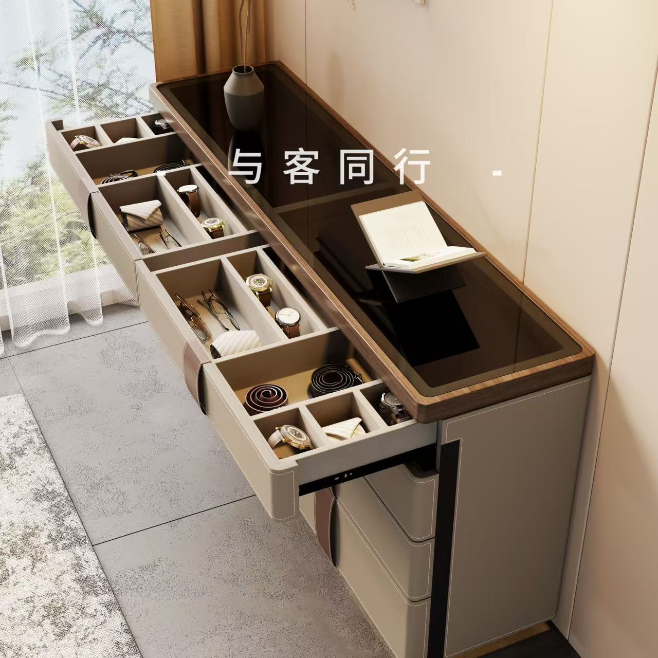 意大利法式收纳柜卧室边柜设计师意式实木马鞍皮斗柜