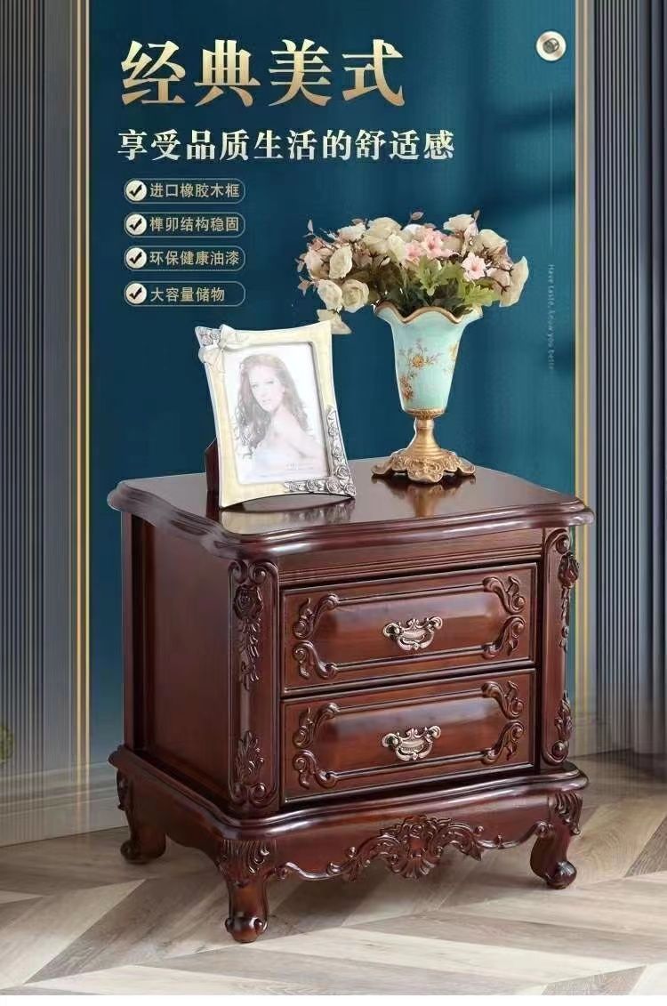 全實木歐式牀頭櫃雕花復古家用奢華法式臥室家用牀邊櫃高檔儲物櫃