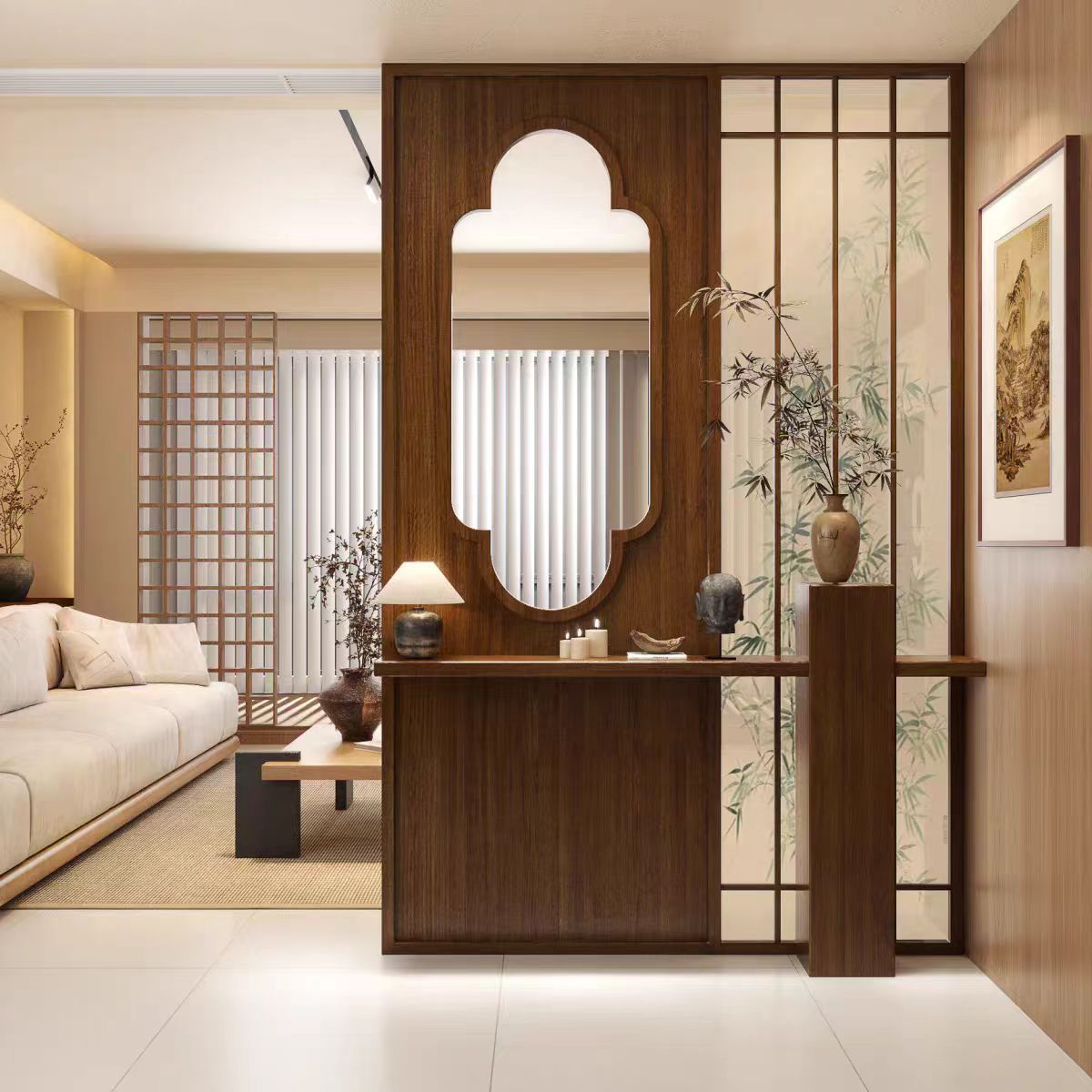宋代美學屏風隔斷客廳入戶玄關遮擋新中式實木鏤空花窗茶室竹子