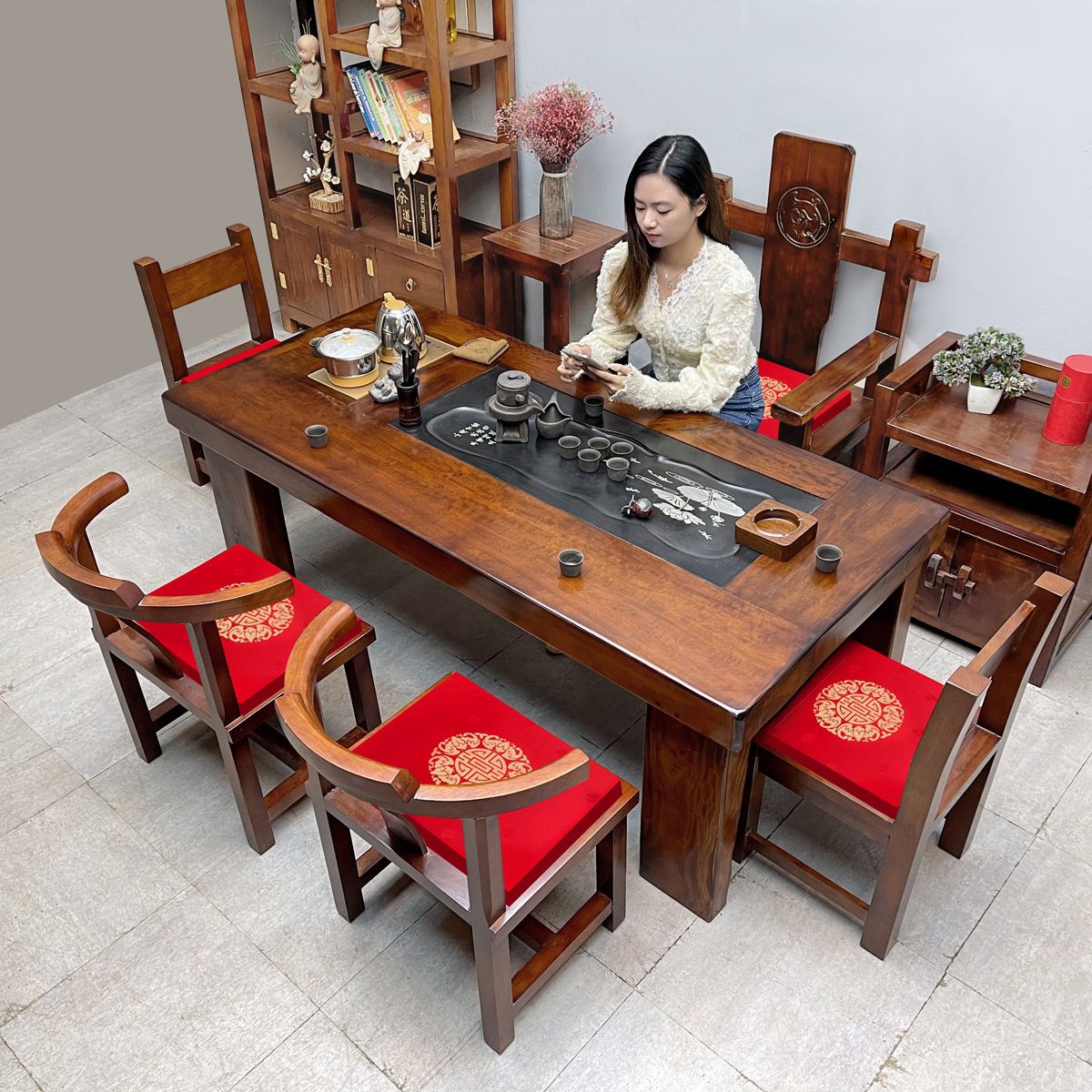 茶台实木老船木茶桌椅组合一桌五椅茶几泡茶桌子烧水壶一体办公室