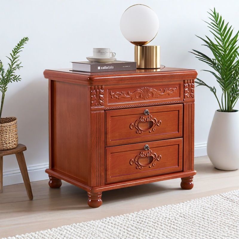 中式復古整裝帶鎖雕花實木新款牀頭櫃簡約臥室牀邊儲物櫃家用收納