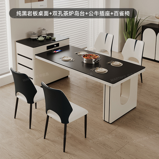 轻奢岩板岛台餐桌小户型家用简约可伸缩储物多功能设计师吃饭桌子