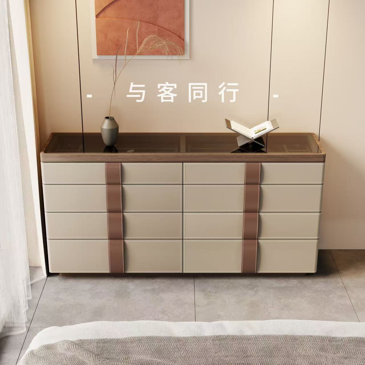 意大利法式收纳柜卧室边柜设计师意式实木马鞍皮斗柜