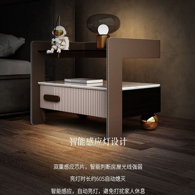 輕奢智能牀頭櫃巖板無線充電牀前櫃多功能感應燈簡約收納牀邊櫃