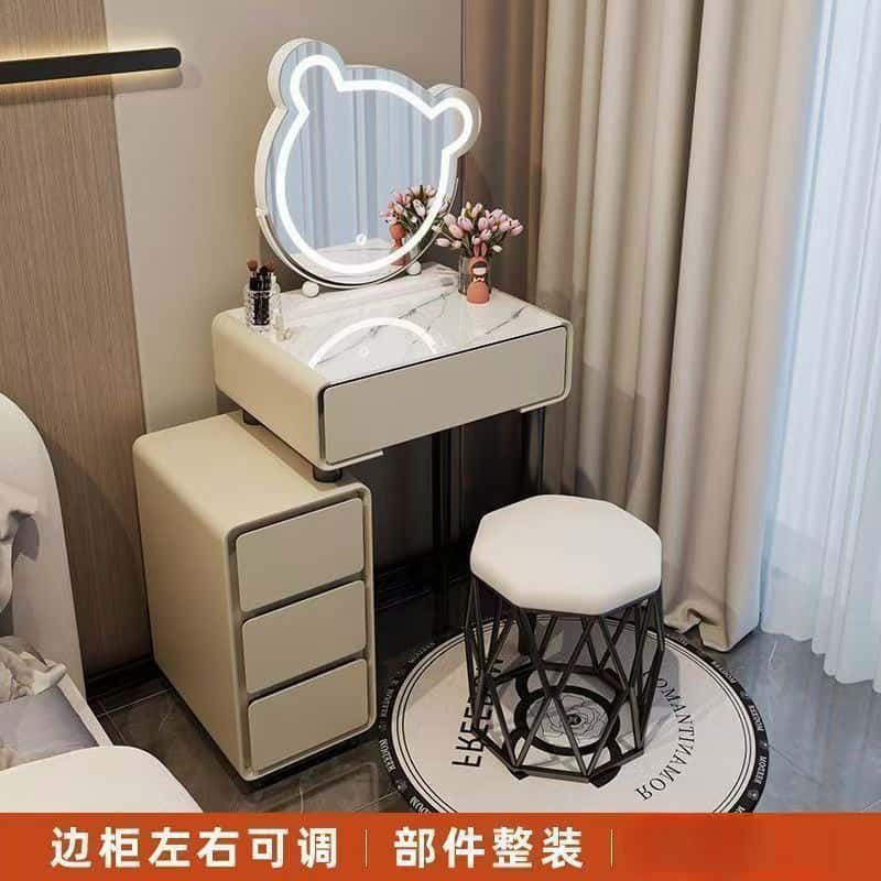 简约梳妆台奶油风化妆桌小户型现代轻奢化妆台梳妆台亮面钢化玻璃