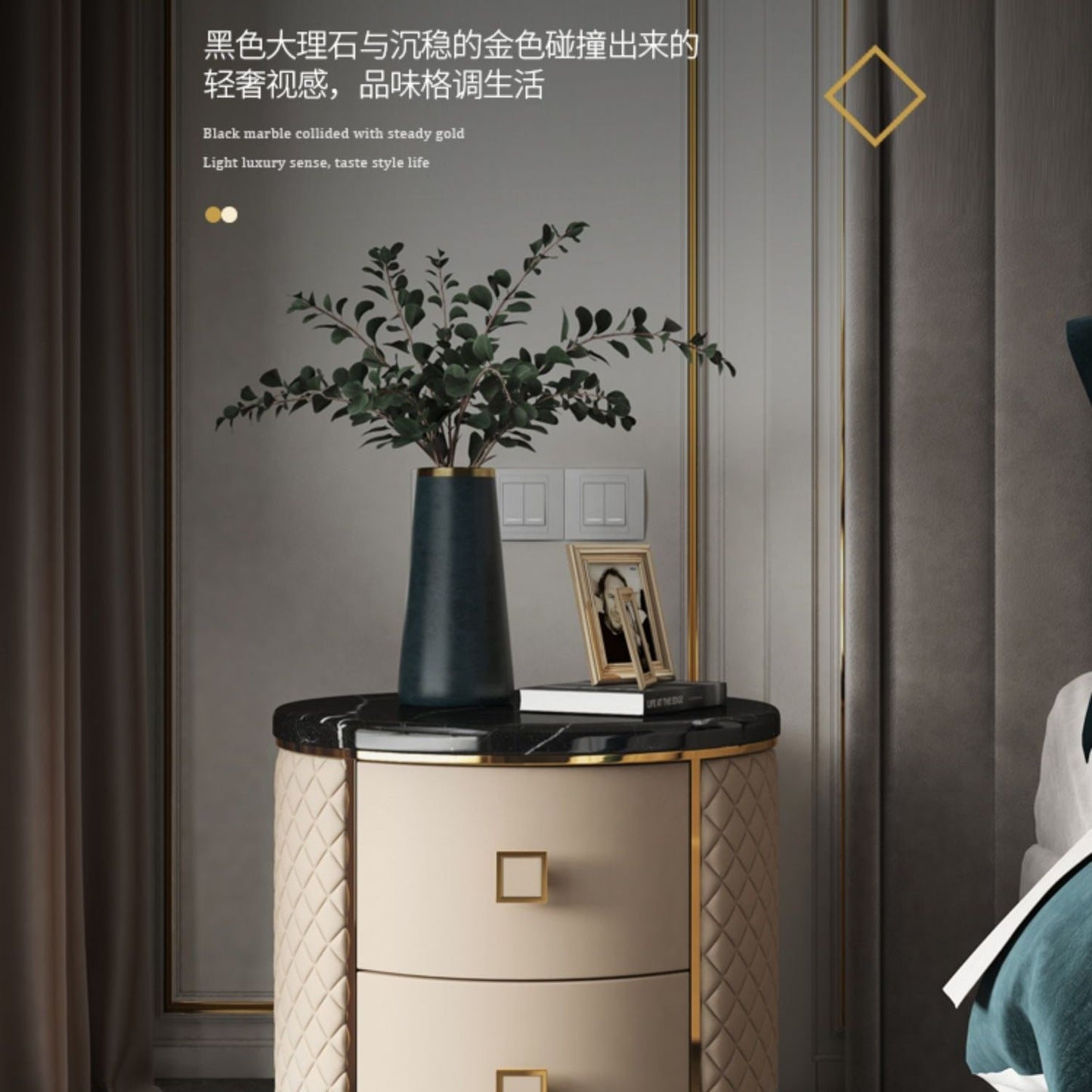 輕奢圓形牀頭櫃現代簡約實木大理石牀邊櫃極簡美式儲物櫃佛山發貨