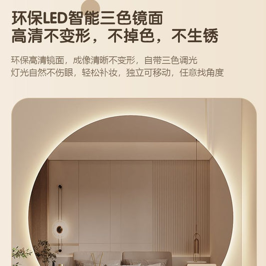 實木奶油風梳妝檯化妝桌主臥一體高級網紅大圓鏡現代簡約收納櫃子
