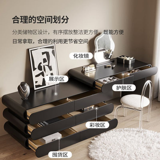 【實木】現代簡約黑色梳妝檯鬥櫃一體家用實木大小戶型臥室高級桌