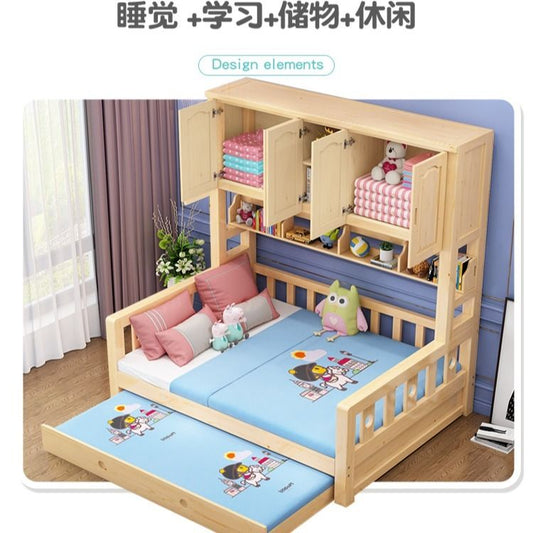 可定制儿童衣柜床组合带书架大板原木松木床柜一体储物气压高箱