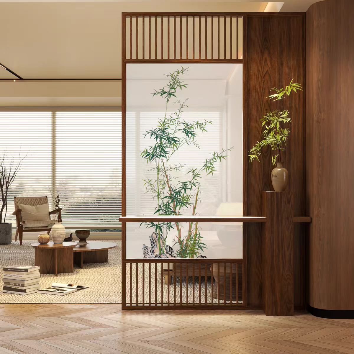 格柵隔斷屏風入戶玄關造景遮擋餐廳新中式宋代美學實木家用玄關