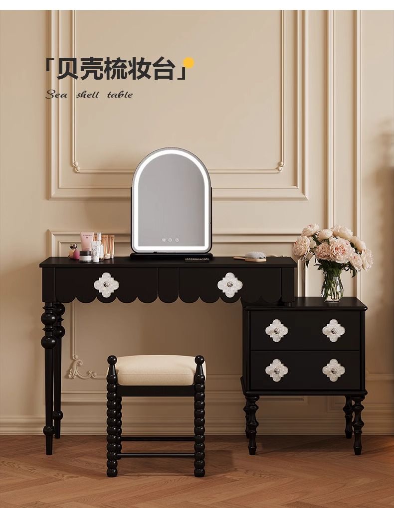 法式復古黑色簡約現代伸縮梳妝檯鬥櫃新款高級復古小戶型梳妝檯