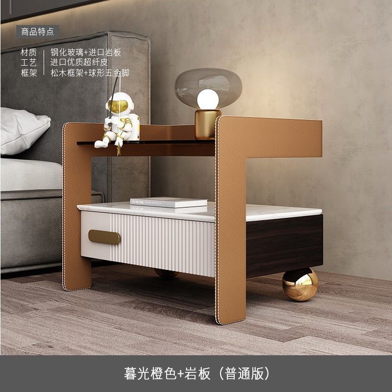 輕奢智能牀頭櫃巖板無線充電牀前櫃多功能感應燈簡約收納牀邊櫃