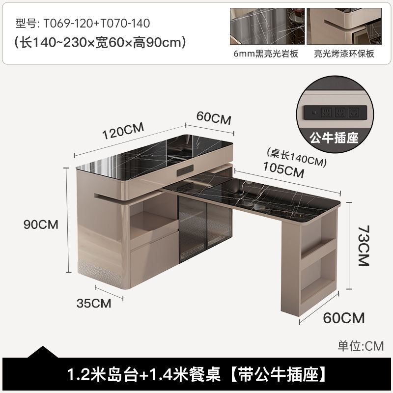 岛台餐桌可伸缩旋转家用高级中岛台开放厨房长方形组合多功能岩板