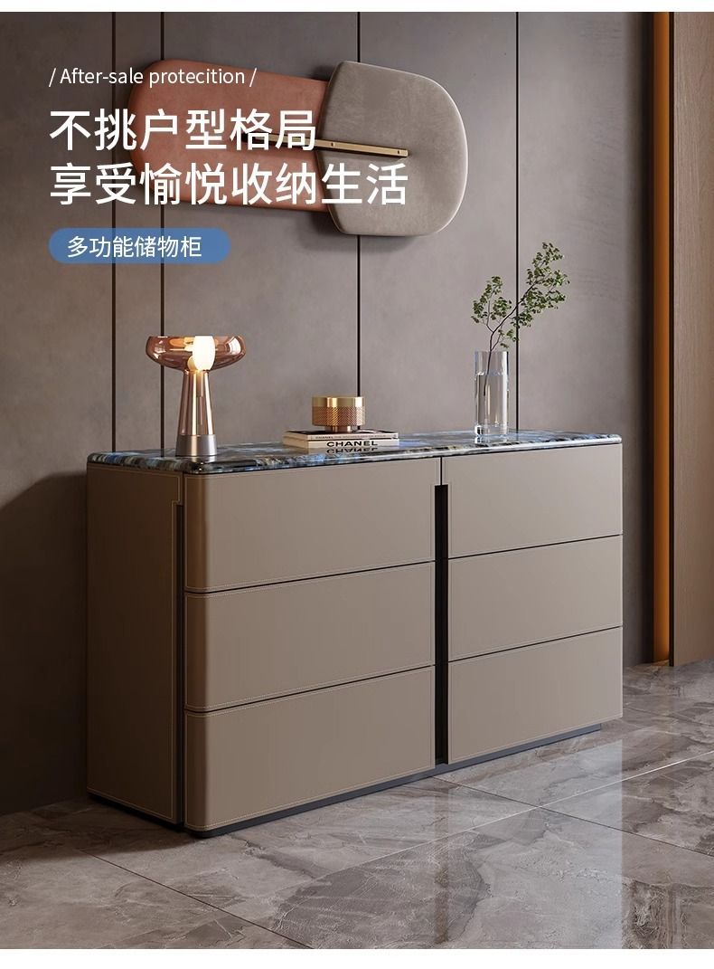 輕奢大理石餐邊櫃家用靠牆儲物鬥櫃臥室牀尾高款電視櫃馬鞍皮邊櫃