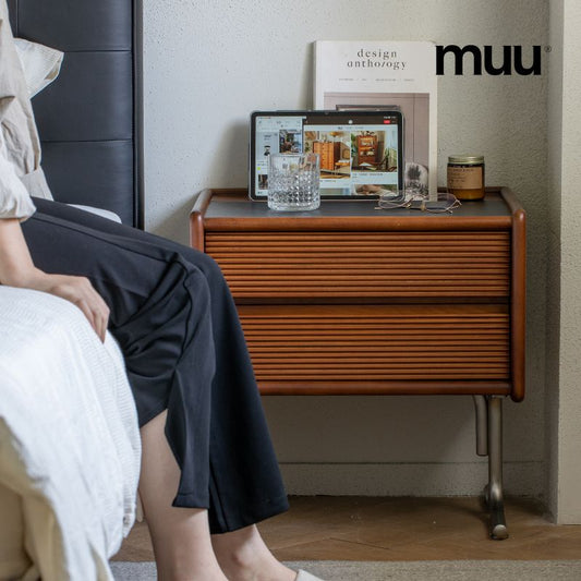 MUU復古牀頭櫃實木巖板臥室置物櫃牀邊櫃小型設計感儲物櫃收納櫃