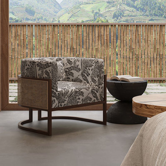 侘寂中古風休閒單人沙發椅設計師復古酒店民宿接待洽談實木藤編椅