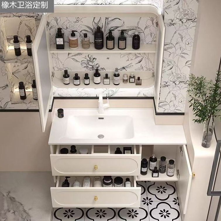 簡約現代巖板陶瓷可麗耐一體盆陽臺洗衣機櫃洗手檯橡木烤漆浴室櫃