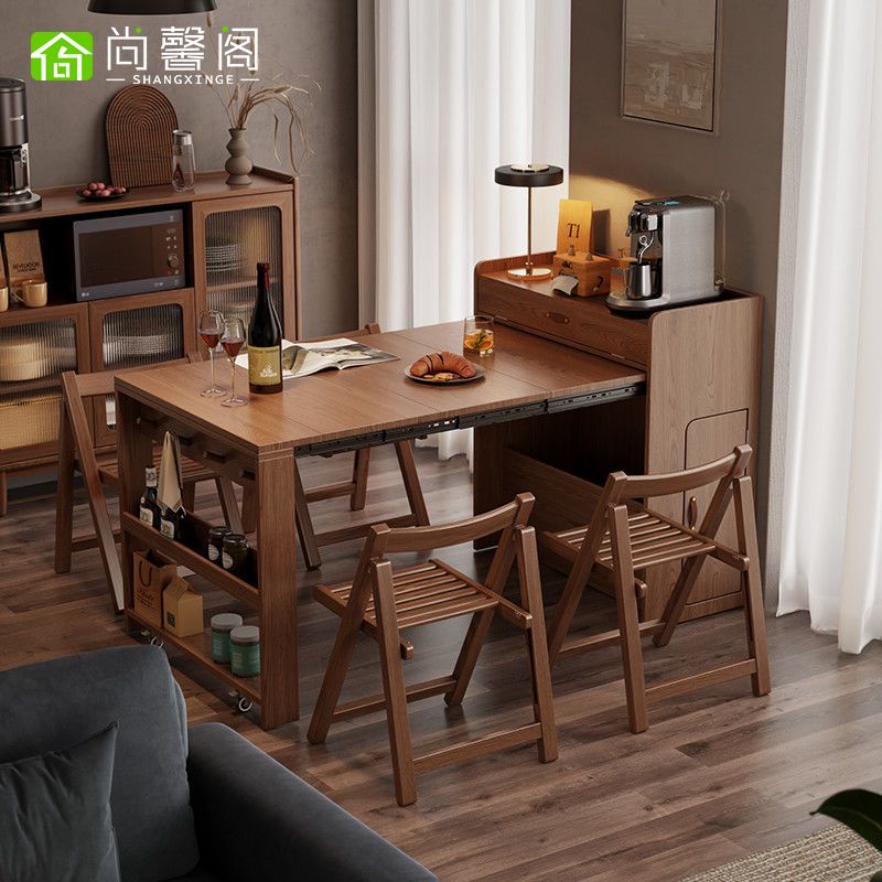 尚馨阁实木折叠餐桌餐边柜一体家用小户型可伸缩餐桌椅隐形饭桌
