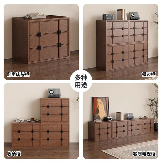 白蠟木棋盤格實木模塊櫃中古現代簡約鬥櫃餐邊儲物牀頭客廳櫃組合