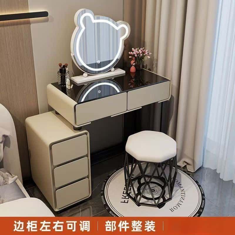 简约梳妆台奶油风化妆桌小户型现代轻奢化妆台梳妆台亮面钢化玻璃