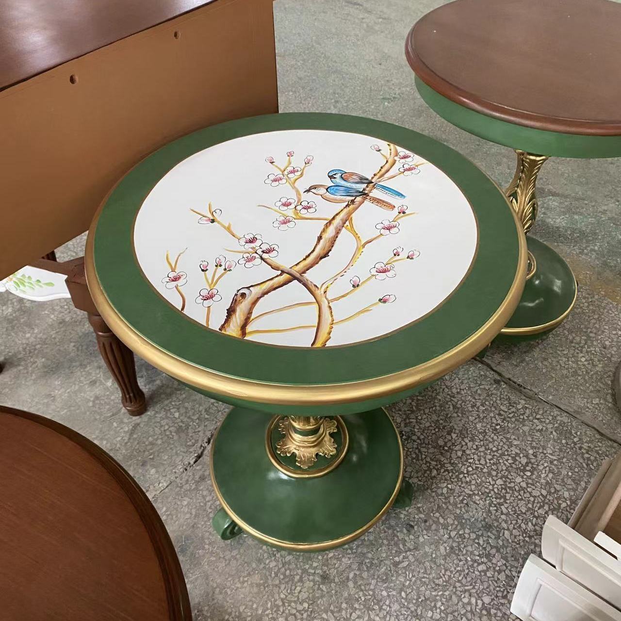 欧式实木小茶台椅组合阳台休闲小圆桌复古彩绘软包小院露台圆桌椅
