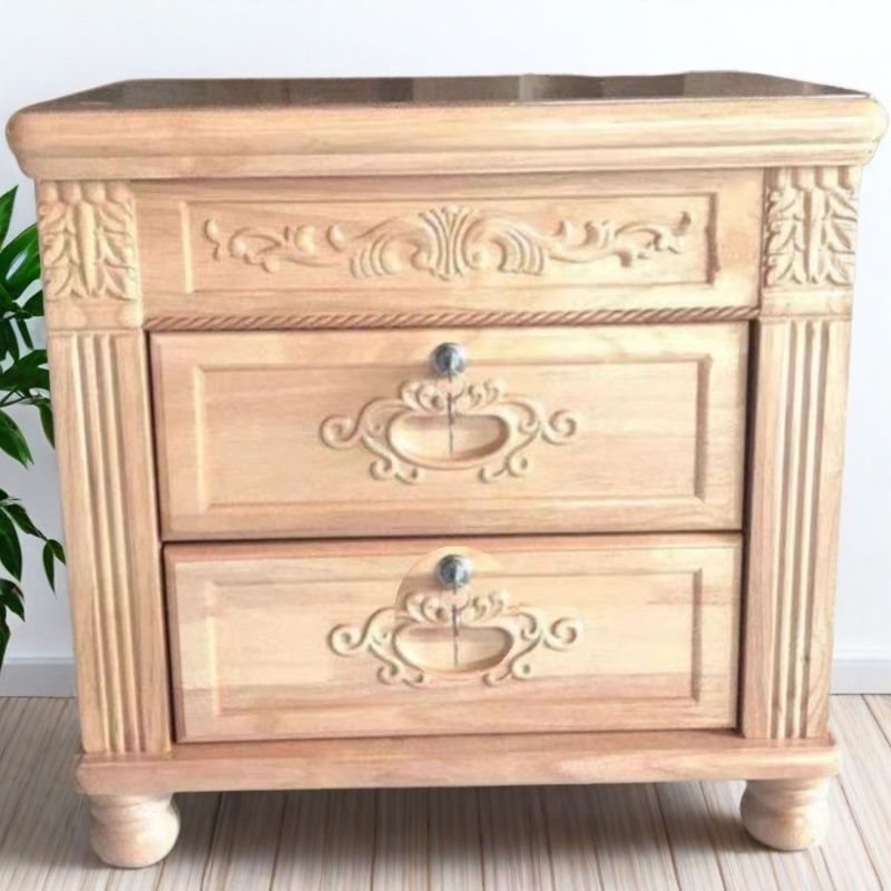 中式復古整裝帶鎖雕花實木新款牀頭櫃簡約臥室牀邊儲物櫃家用收納