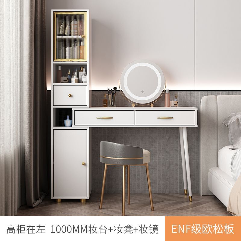2024年新款輕奢巖板梳妝檯現代簡約儲物化妝桌伸縮收納一體香檳灰