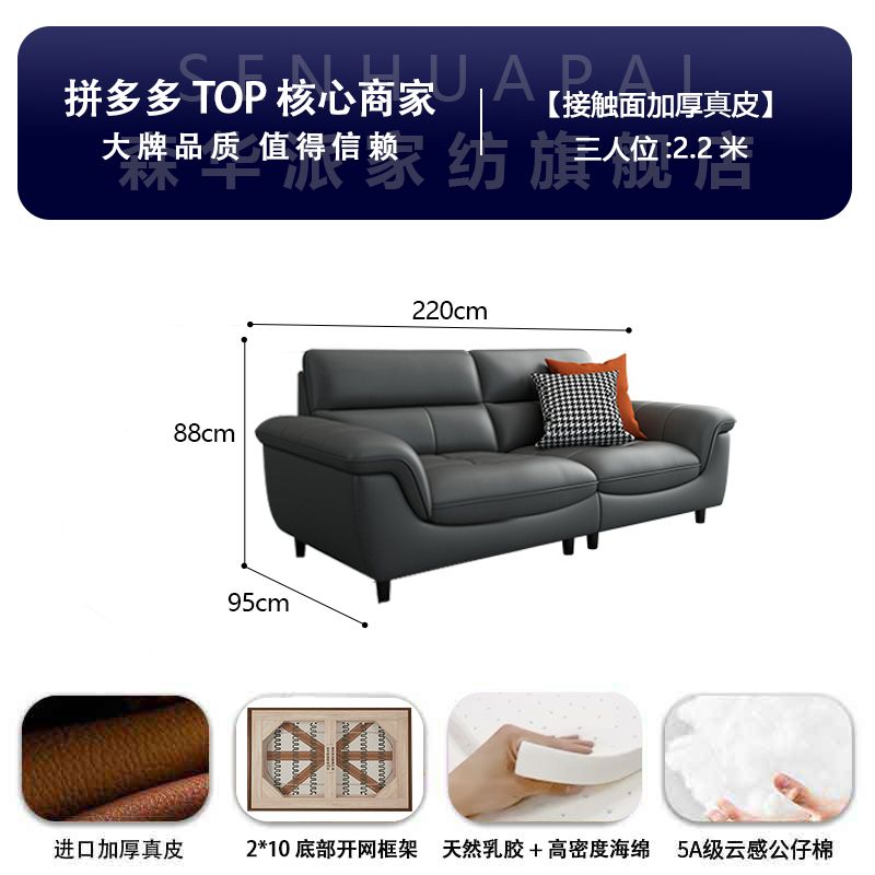 森华派真皮沙发客厅大小户型北欧现代简约轻奢三人位直排铁艺沙发