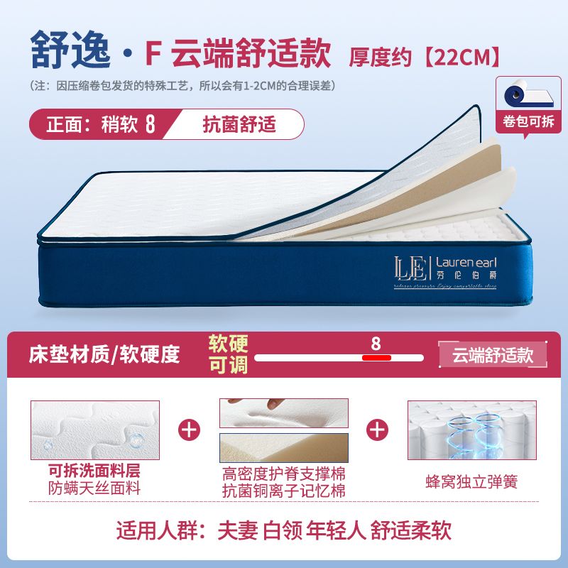 勞倫伯爵壓縮捲包高箱盒子牀墊家用臥室彈簧乳膠席夢思官方名牌墊