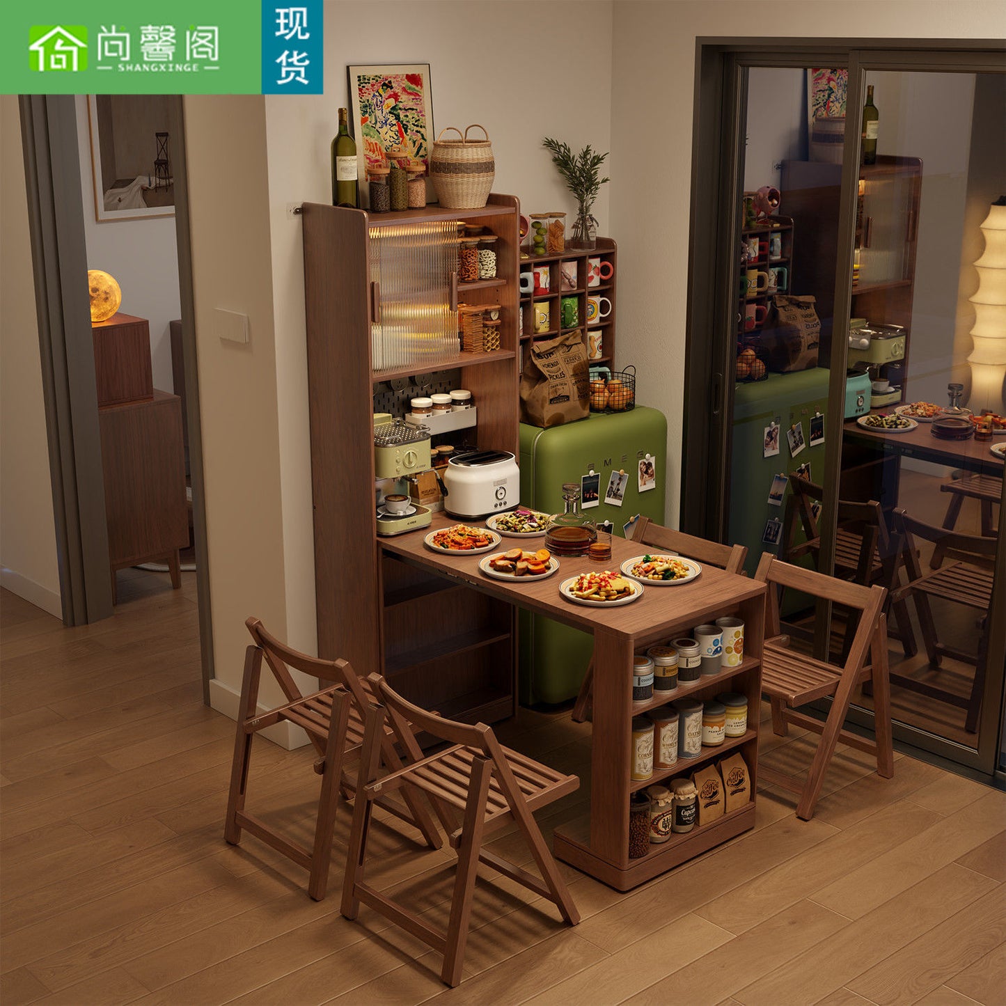 实木折叠餐桌餐边柜一体家用小户型可折叠靠墙储物柜边柜吧台酒柜