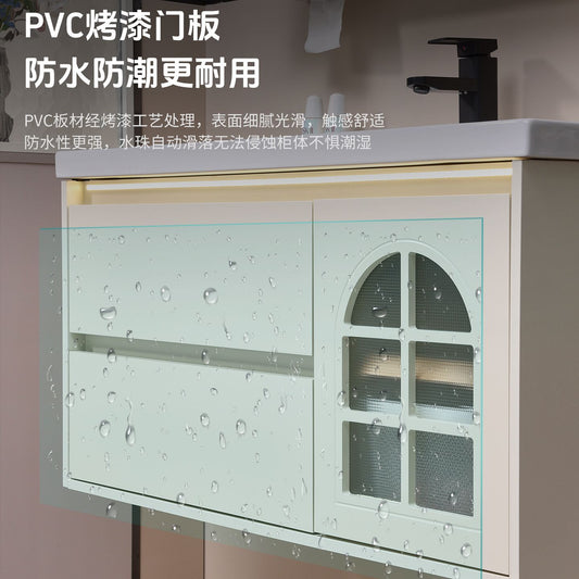 法式田園實木浴室櫃巖板熱彎掛壁衛生間洗臉盆盆櫃鏡組合洗漱現貨
