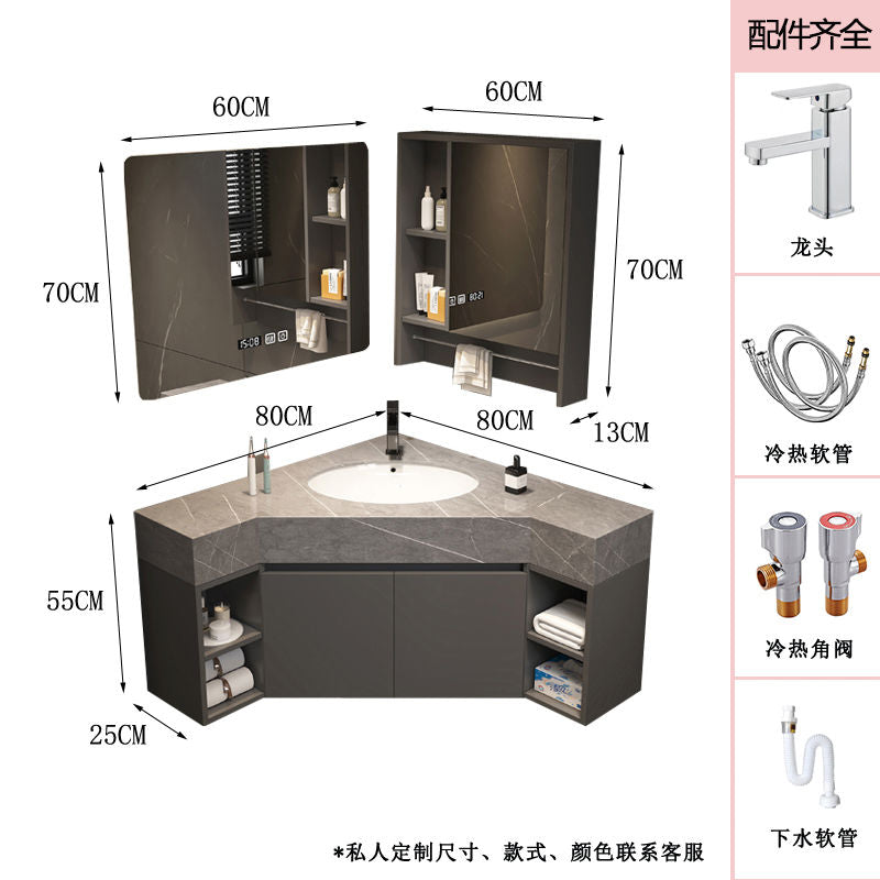 轻奢岩板三角浴室柜定制小户型形转角直角实木陶瓷盆卫生间洗手台