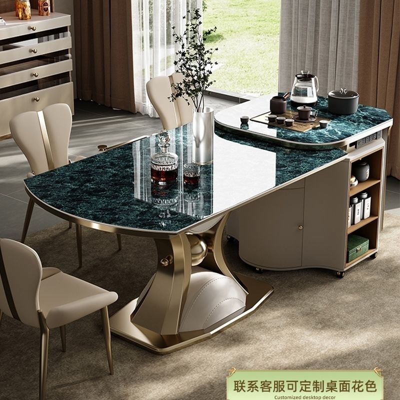 岛台餐桌一体伸缩家用圆形简约轻奢方圆两用现代岩板餐桌椅组合